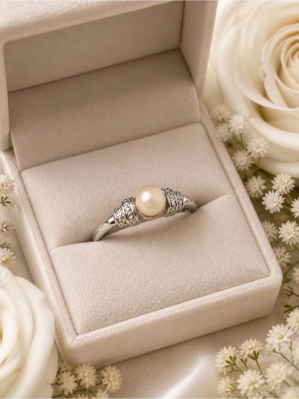 18K Brazilian White Gold Ring with Pearl & Diamonds 💎 - Classic Women's Jewelry